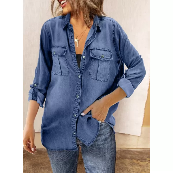 Sidefeel Women's Button Down Rolled Up Denim Jackets Collared Relaxed Fit Blouses Tops