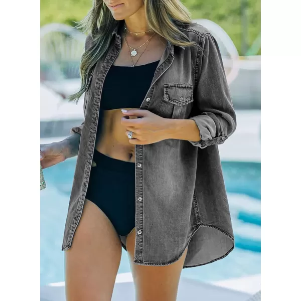 Sidefeel Women's Button Down Rolled Up Denim Jackets Collared Relaxed Fit Blouses Tops