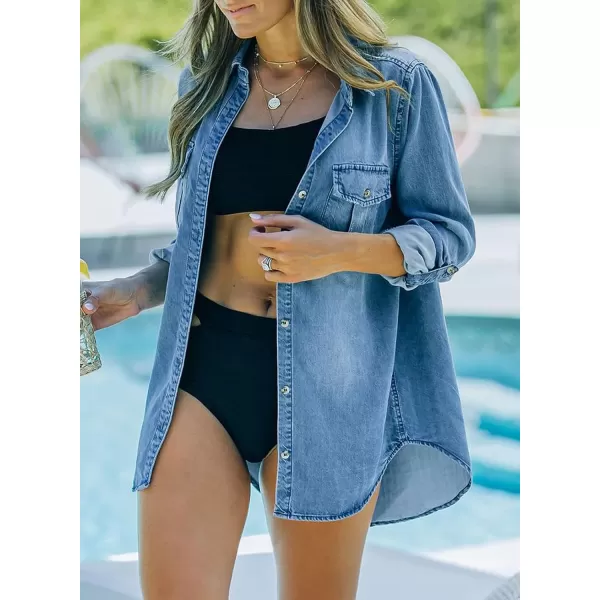 Sidefeel Women's Button Down Rolled Up Denim Jackets Collared Relaxed Fit Blouses Tops