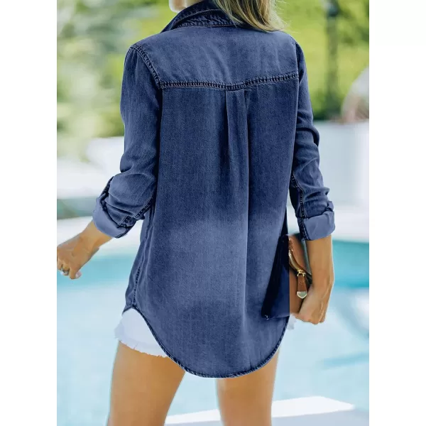 Sidefeel Women's Button Down Rolled Up Denim Jackets Collared Relaxed Fit Blouses Tops