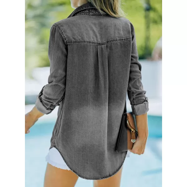 Sidefeel Women's Button Down Rolled Up Denim Jackets Collared Relaxed Fit Blouses Tops