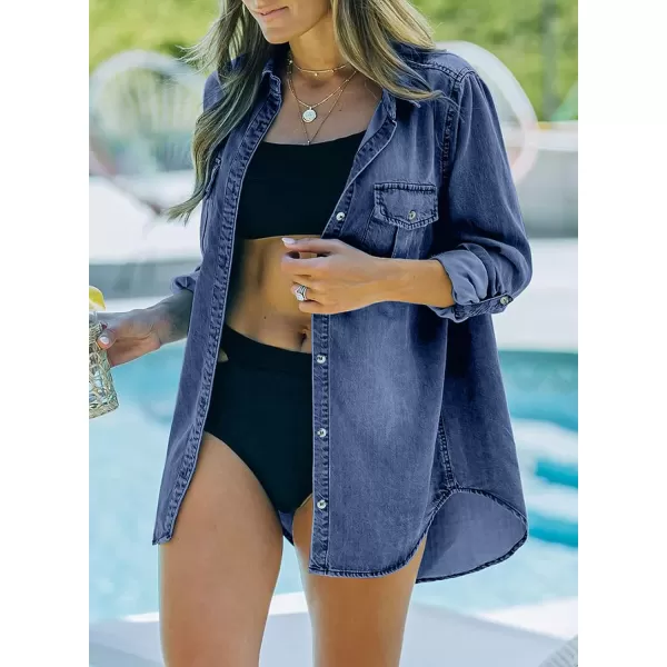 Sidefeel Women's Button Down Rolled Up Denim Jackets Collared Relaxed Fit Blouses Tops