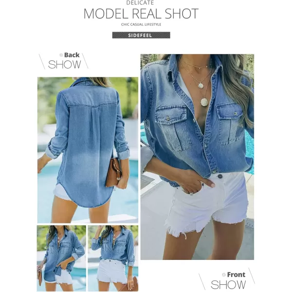 Sidefeel Women's Button Down Rolled Up Denim Jackets Collared Relaxed Fit Blouses Tops