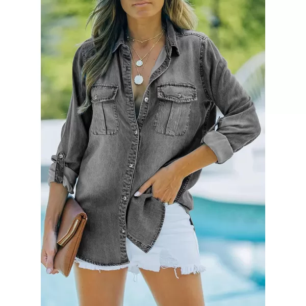 Sidefeel Women's Button Down Rolled Up Denim Jackets Collared Relaxed Fit Blouses Tops