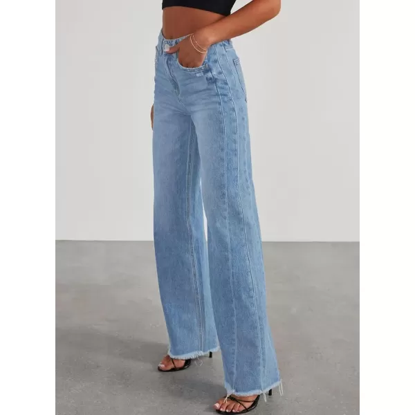 Sidefeel Women's Wide Leg Jeans High Waisted Strechy Raw Hem Denim Pants