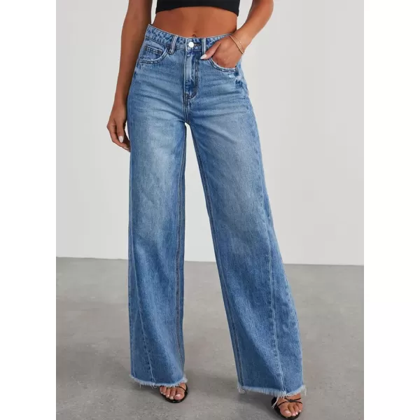 Sidefeel Women's Wide Leg Jeans High Waisted Strechy Raw Hem Denim Pants