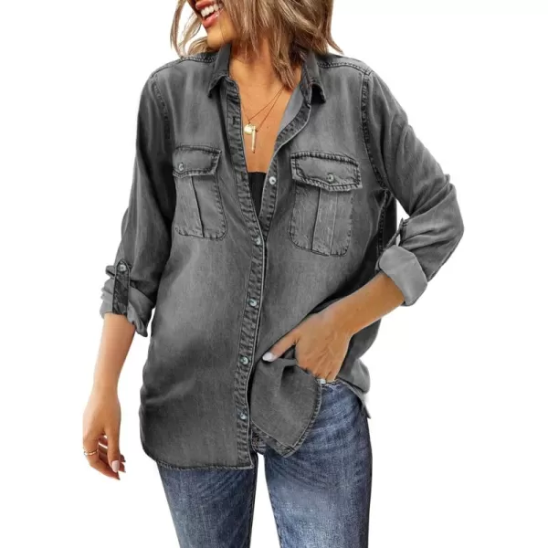 Sidefeel Women's Button Down Rolled Up Denim Jackets Collared Relaxed Fit Blouses Tops