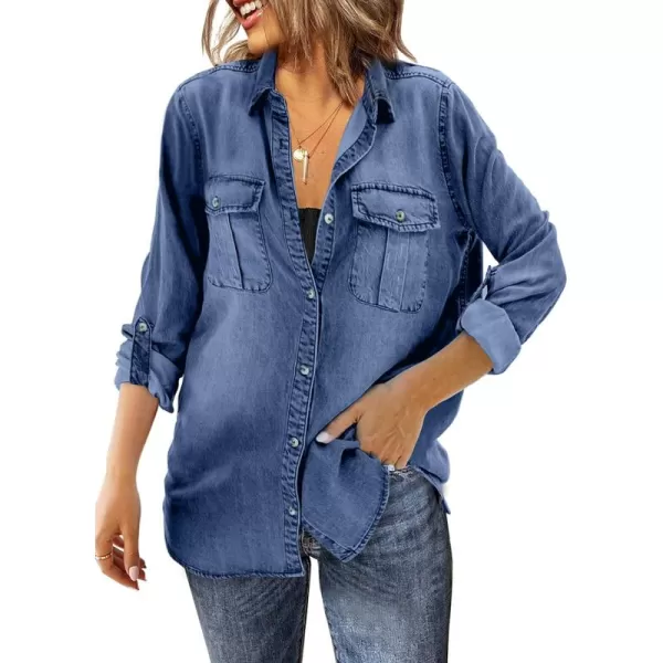 Sidefeel Women's Button Down Rolled Up Denim Jackets Collared Relaxed Fit Blouses Tops