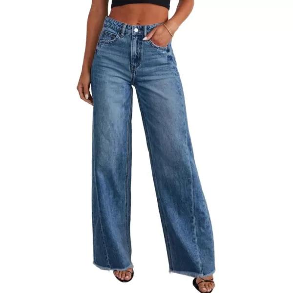 Sidefeel Women's Wide Leg Jeans High Waisted Strechy Raw Hem Denim Pants