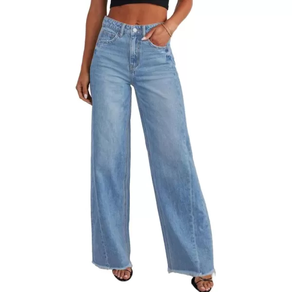 Sidefeel Women's Wide Leg Jeans High Waisted Strechy Raw Hem Denim Pants