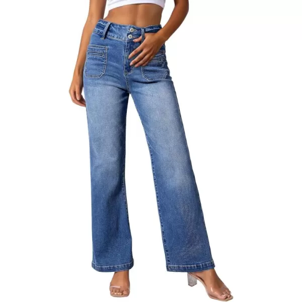 Sidefeel Women's High Waist Jeans Stretchy Flared Wide Leg Pockets Front Denim Pants Bootcut
