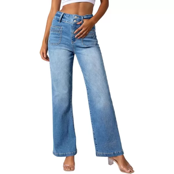 Sidefeel Women's High Waist Jeans Stretchy Flared Wide Leg Pockets Front Denim Pants Bootcut
