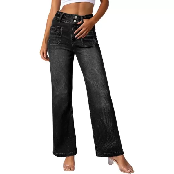 Sidefeel Women's High Waist Jeans Stretchy Flared Wide Leg Pockets Front Denim Pants Bootcut