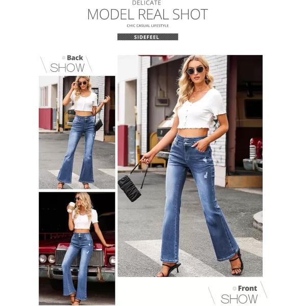 Sidefeel Women High Waisted Destroyed Flared Jeans Bell Bottom Denim Pants