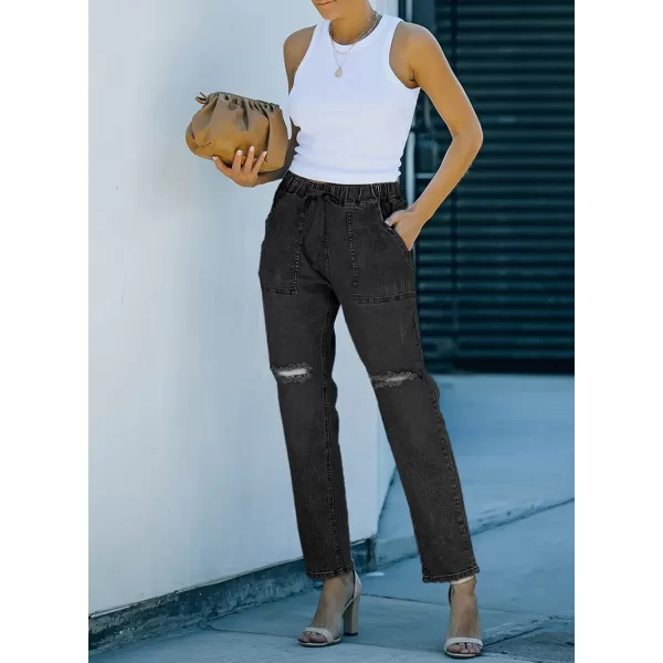 Sidefeel Women's Ripped Jogger Jeans Drawstring Elastic Waist Denim Pants