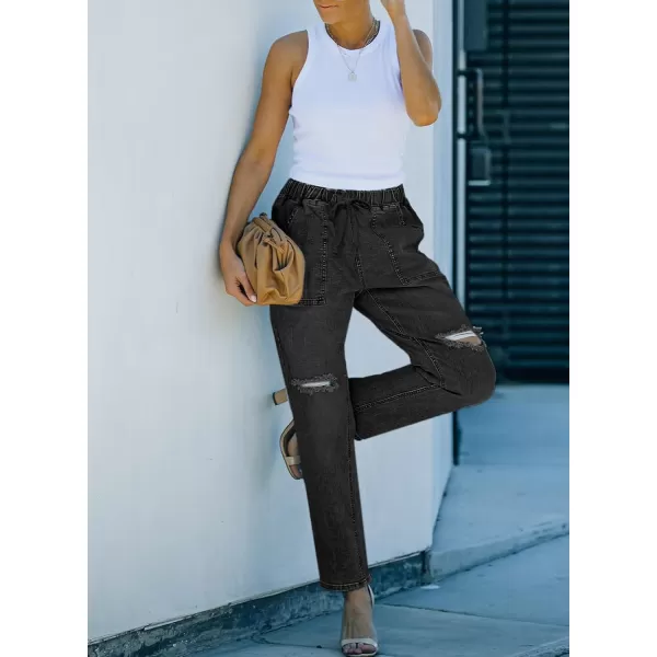 Sidefeel Women's Ripped Jogger Jeans Drawstring Elastic Waist Denim Pants