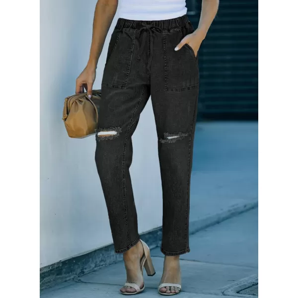 Sidefeel Women's Ripped Jogger Jeans Drawstring Elastic Waist Denim Pants