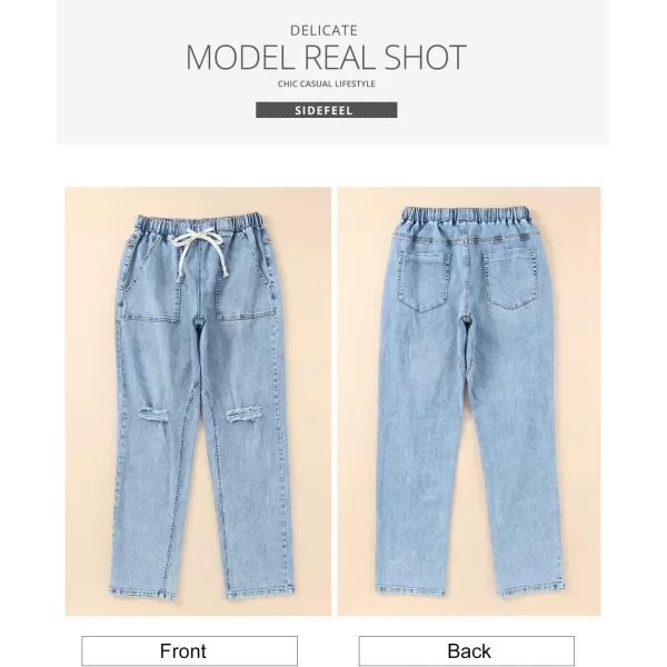 Sidefeel Women's Ripped Jogger Jeans Drawstring Elastic Waist Denim Pants