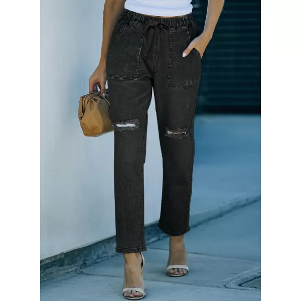 Sidefeel Women's Ripped Jogger Jeans Drawstring Elastic Waist Denim Pants