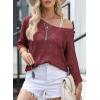 imageSidefeel Womens 2025 Spring Summer Crochet Tops Off The Shoulder Hollow Out Knit Tops 34 Sleeve Pullover Sweater Cover UpsBurgundy