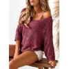 imageSidefeel Womens 2025 Spring Summer Crochet Tops Off The Shoulder Hollow Out Knit Tops 34 Sleeve Pullover Sweater Cover UpsBurgundy