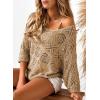 imageSidefeel Womens 2025 Spring Summer Crochet Tops Off The Shoulder Hollow Out Knit Tops 34 Sleeve Pullover Sweater Cover UpsCamel