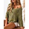 imageSidefeel Womens 2025 Spring Summer Crochet Tops Off The Shoulder Hollow Out Knit Tops 34 Sleeve Pullover Sweater Cover UpsJungle Green