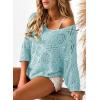 imageSidefeel Womens 2025 Spring Summer Crochet Tops Off The Shoulder Hollow Out Knit Tops 34 Sleeve Pullover Sweater Cover UpsLight Blue