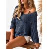 imageSidefeel Womens 2025 Spring Summer Crochet Tops Off The Shoulder Hollow Out Knit Tops 34 Sleeve Pullover Sweater Cover UpsNavy Blue