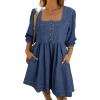 imageSidefeel Womens Spring Outfit Denim Dress 34 Sleeve Loose Fit Square Neck Summer Jean Dresses with PocketsDark Blue
