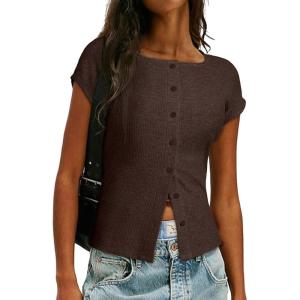 imageSidefeel Womens Going Out Tops Summer Short Sleeve Cardigans Button Down Crewneck Lightweight Sweater Knit TopsDark Brown