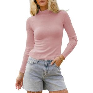 imageSidefeel Womens Long Sleeve Shirts Turtleneck Ribbed Top Ruffles Mock Neck Basic Layering TopsPink