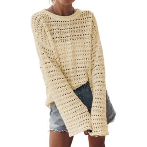 imageSidefeel Womens Sweaters Lightweight Casual Long Sleeve Loose Crochet Hollow Out Knit Pullover Tops ClothingApricot