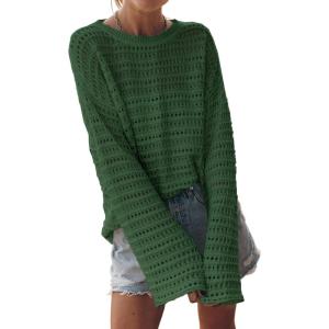 imageSidefeel Womens Sweaters Lightweight Casual Long Sleeve Loose Crochet Hollow Out Knit Pullover Tops ClothingDark Green
