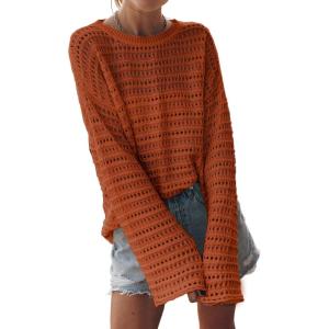 imageSidefeel Womens Sweaters Lightweight Casual Long Sleeve Loose Crochet Hollow Out Knit Pullover Tops ClothingGold Flame