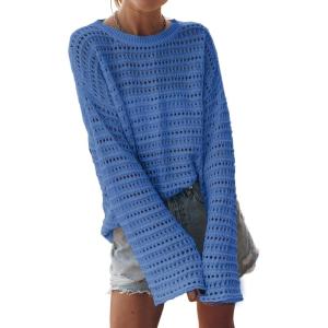 imageSidefeel Womens Sweaters Lightweight Casual Long Sleeve Loose Crochet Hollow Out Knit Pullover Tops ClothingSky Blue