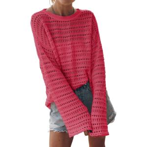 imageSidefeel Womens Sweaters Lightweight Casual Long Sleeve Loose Crochet Hollow Out Knit Pullover Tops ClothingStrawberry Pink
