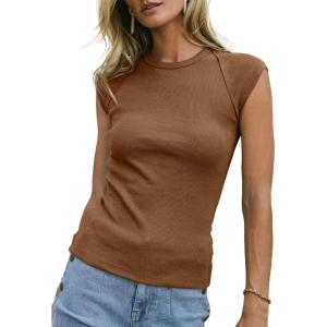 imageSidefeel Womens Tops Casual Crewneck Cap Sleeve Tops Ribbed Raw Hem Summer T Shirts Slim Fit Basic Tees BlousesBrown