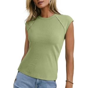 imageSidefeel Womens Tops Casual Crewneck Cap Sleeve Tops Ribbed Raw Hem Summer T Shirts Slim Fit Basic Tees BlousesGreen