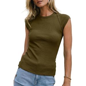 imageSidefeel Womens Tops Casual Crewneck Cap Sleeve Tops Ribbed Raw Hem Summer T Shirts Slim Fit Basic Tees BlousesMoss Green
