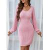 imageSidefeel Womens 2025 Fall Winter Ribbed Knit Sweater Dress Casual Long Sleeve Sexy V Neck Bodycon Mini DressPink