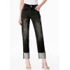 imageSidefeel Womens High Waisted Tummy Control Jeans Cuffed Boyfriend Straight Leg Two Buttons Ripped Denim PantsBlack