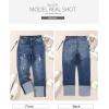 imageSidefeel Womens High Waisted Tummy Control Jeans Cuffed Boyfriend Straight Leg Two Buttons Ripped Denim PantsBlue