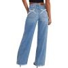 imageSidefeel Womens Bowknot Wide Leg Jeans High Waisted Strechy Raw Hem Denim PantsZ Light Blue