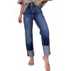 imageSidefeel Womens High Waisted Tummy Control Jeans Cuffed Boyfriend Straight Leg Two Buttons Ripped Denim PantsDark Blue