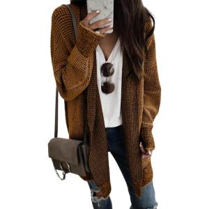 imageSidefeel Womens 2025 Fall Outfits Long Sleeve Open Front Cardigan Sweaters Oversized Checkered Chunky Knit Sweaters CoatBrown