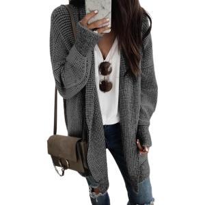 imageSidefeel Womens 2025 Fall Outfits Long Sleeve Open Front Cardigan Sweaters Oversized Checkered Chunky Knit Sweaters CoatDark Gray