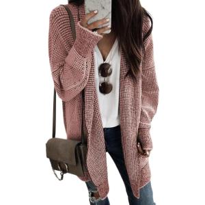 imageSidefeel Womens 2025 Fall Outfits Long Sleeve Open Front Cardigan Sweaters Oversized Checkered Chunky Knit Sweaters CoatPink