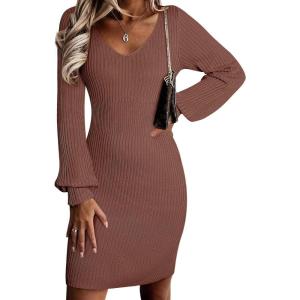imageSidefeel Womens 2025 Fall Winter Ribbed Knit Sweater Dress Casual Long Sleeve Sexy V Neck Bodycon Mini DressBrown