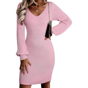 imageSidefeel Womens 2025 Fall Winter Ribbed Knit Sweater Dress Casual Long Sleeve Sexy V Neck Bodycon Mini DressPink